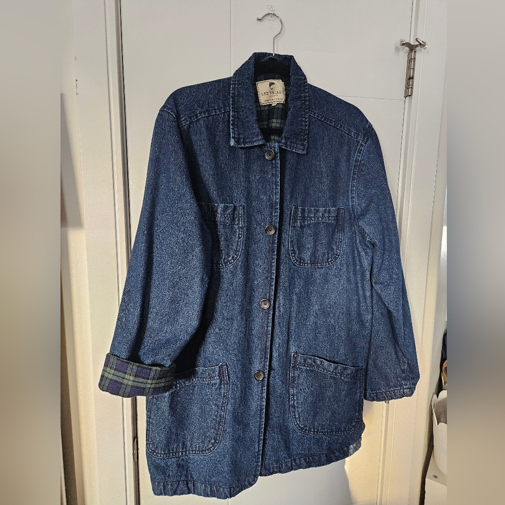 Classic Blue Denim Chore Jacket with Plaid Lining